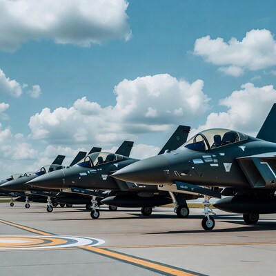 Row of F-16 fighter jets on tarmac