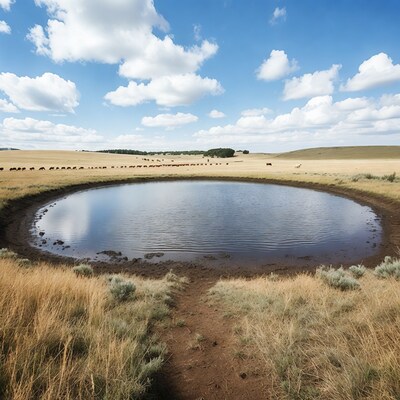 Cattle around pond in grassy field
