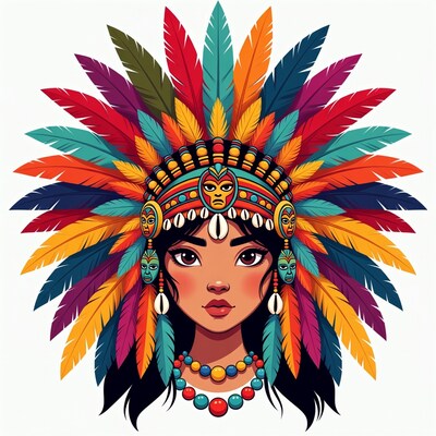 Indigenous Woman in Colorful Feather Headdress