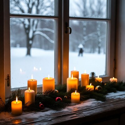 Christmas Candles on Snowy Windowsill