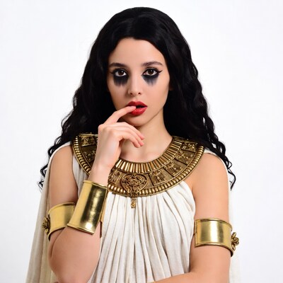 Woman in Egyptian costume thinking
