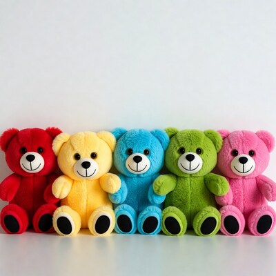 Five colorful teddy bears lined up