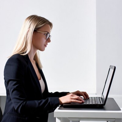 Blonde woman typing on laptop