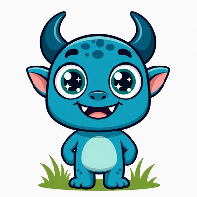 Cute blue cartoon monster standing in grass