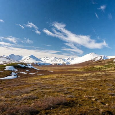 Snowy Mountains Over Brown Tundra Valley