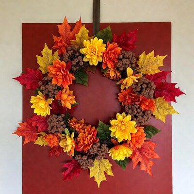 Autumn Wreath with Flowers and Leaves