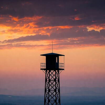 Watchtower silhouetted against sunset