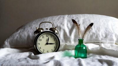 Alarm Clock with Feathers on Pillow