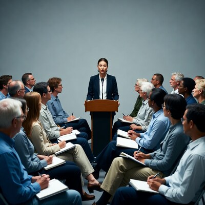 Woman speaking at podium to diverse audience