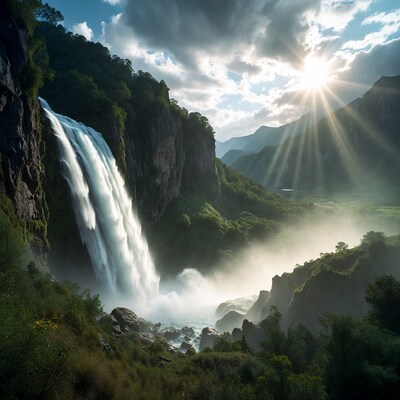 Majestic Waterfall in Mountain Valley