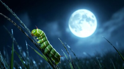 Green caterpillar on grass under moon