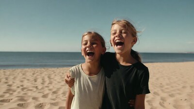 Two girls laughing on beach