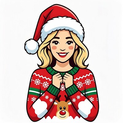Blonde woman in Santa hat reindeer sweater