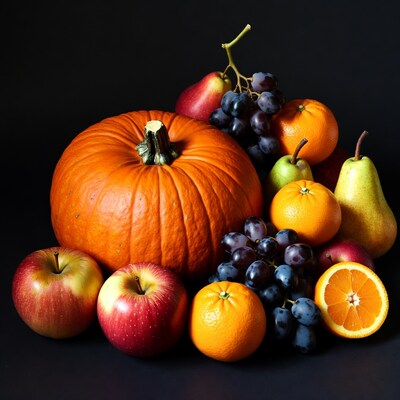 Pumpkin with apples oranges grapes pears