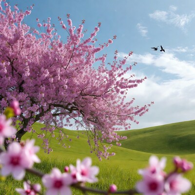 Pink Cherry Blossom Tree in Green Hills