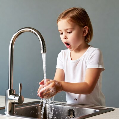 Girl washing hands at sink