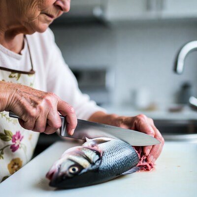 Elderly woman filleting sea bream