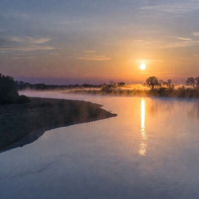 Sunrise over misty river with trees
