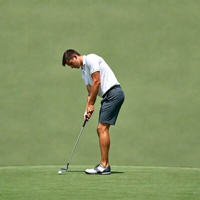 Man putting golf ball on green
