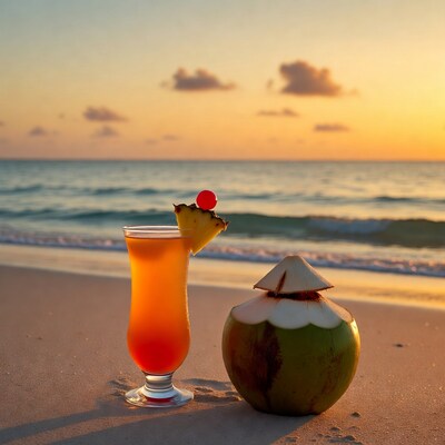 Tropical drinks on beach at sunset