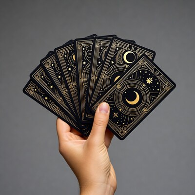 Hand holding black gold tarot cards