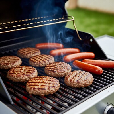 Burgers and Sausages Grilling on BBQ