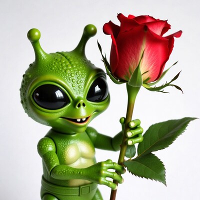Green Alien Holding Red Rose