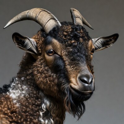Curly-haired goat with large horns