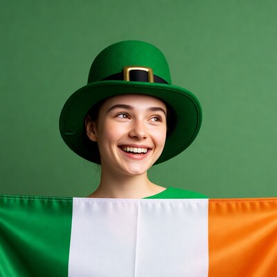 Smiling girl in leprechaun hat with Irish flag