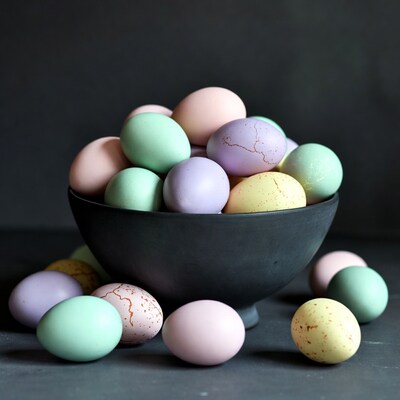 Colorful Easter Eggs in Black Bowl
