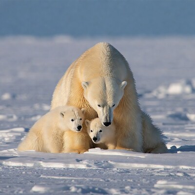 Mother polar bear with two cubs on snow