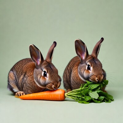 Two bunnies eating carrot and greens
