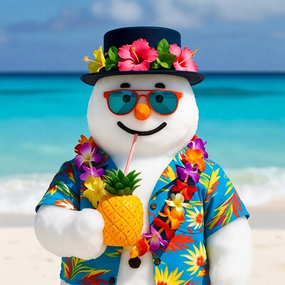 Snowman in Hawaiian shirt on beach