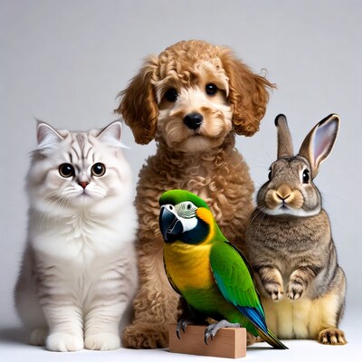 Persian Cat, Cockapoo, Parrot, Bunny Together