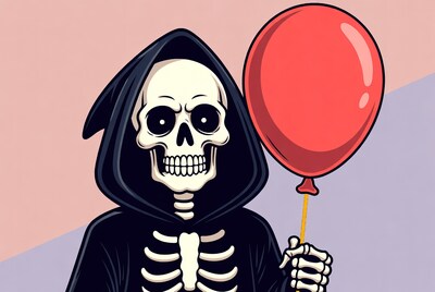 Skeleton holding red balloon