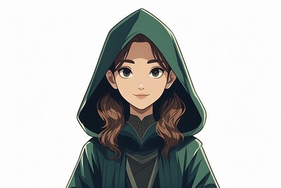 Anime girl in green hooded robe