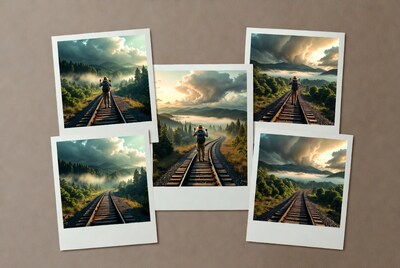 Hiker on mountain railroad tracks collage