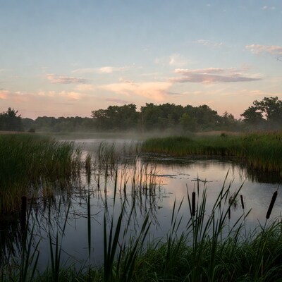 Misty Reed Marsh at Sunset