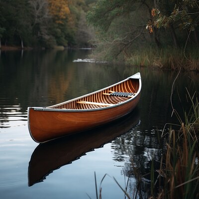 Wooden canoe on calm lake