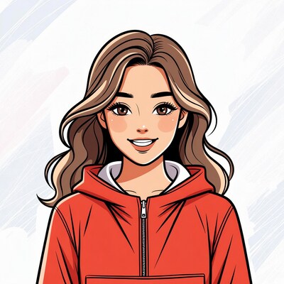 Smiling Asian girl in red hoodie illustration
