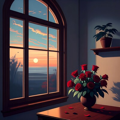 Sunset view through arched window with roses