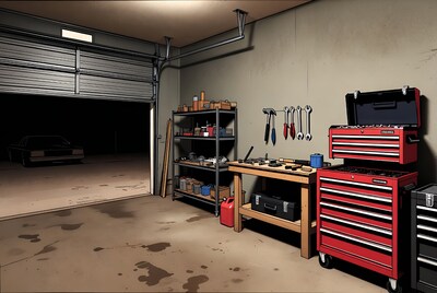 Illustrated Garage with Car and Tools