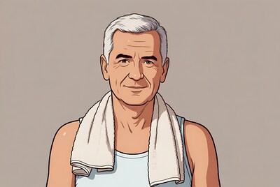 Elderly man with towel over shoulders