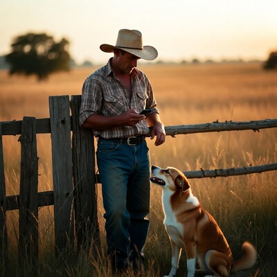 Cowboy with dog by fence at sunset