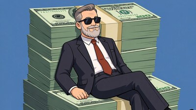 Cartoon man sitting on money stack