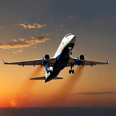 White blue airplane flying at sunset