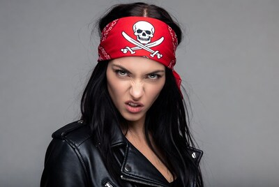 Woman in pirate bandana and leather jacket