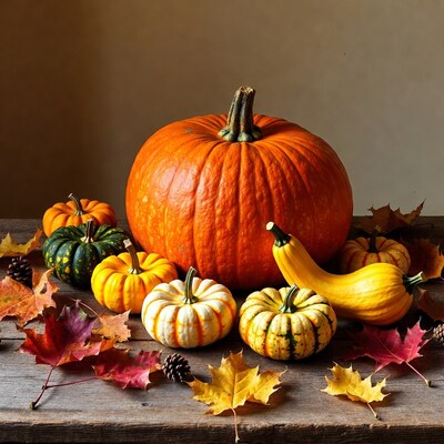 Assortment of pumpkins on wooden table