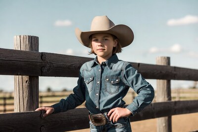 Girl in cowboy hat leaning on fence