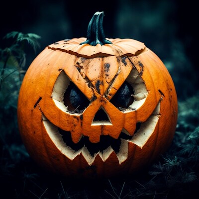 Carved Jack-o-Lantern in Dark Forest
